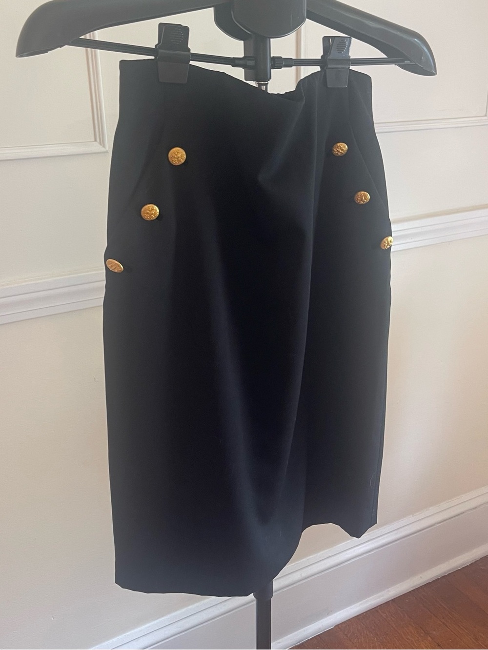 Escada Black Pencil Skirt with Gold Medallion Buttons